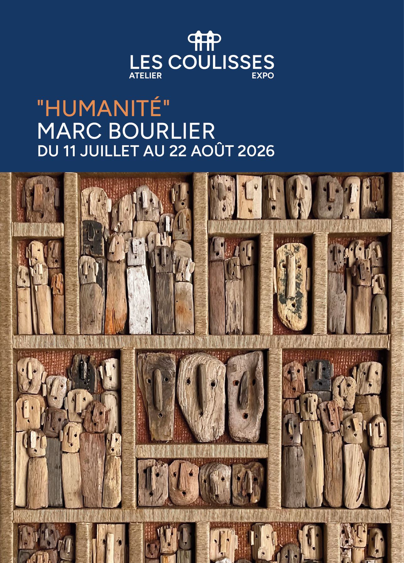 Affiche de l'exposition "HUMANITÉ" de MARC BOURLIER.
"Compartiments", bois flotté, ficelle de lin, 40x54x4cm, 2026 © Marc Bourlier